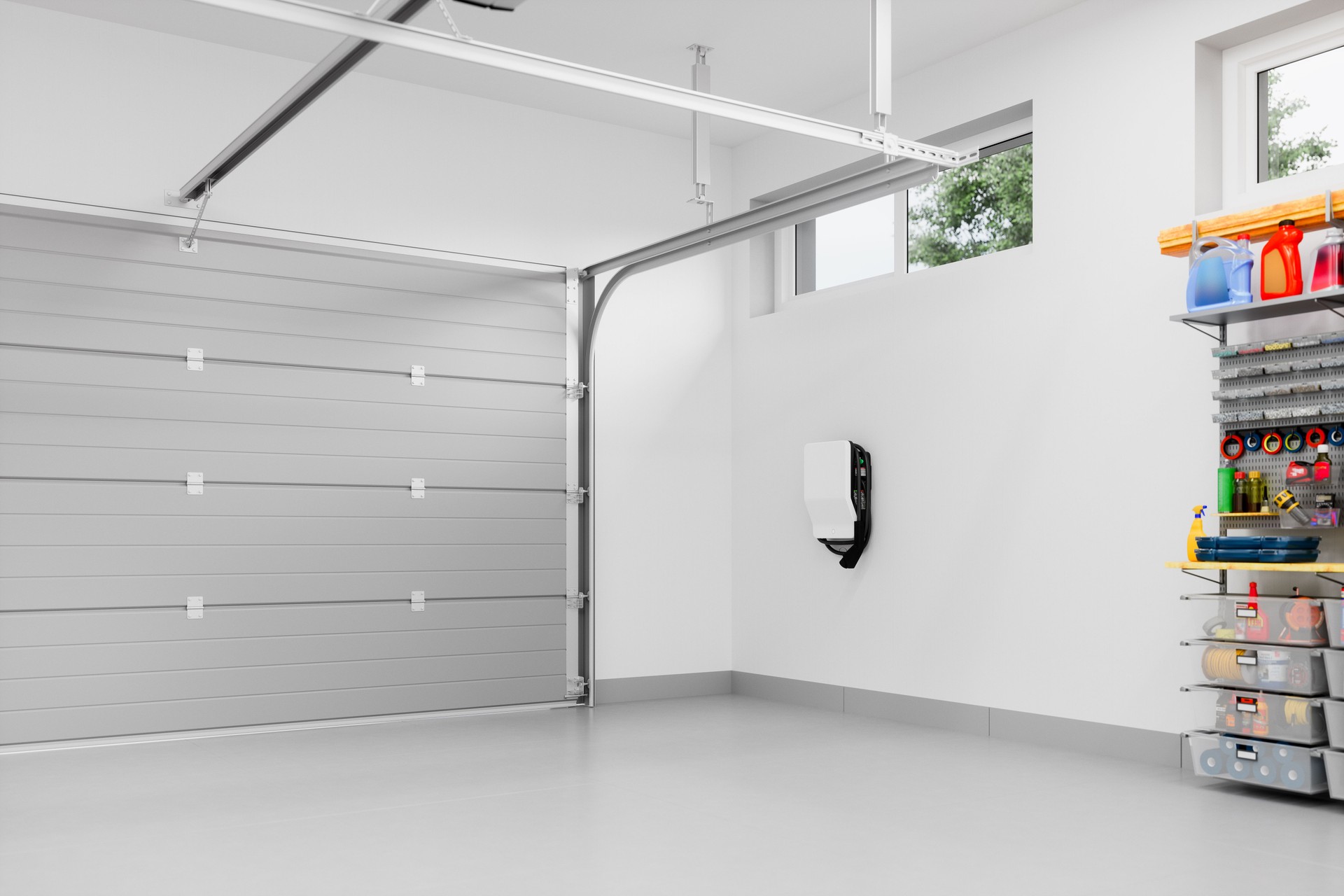 Modern Garage Interior With Electric Vehicle Charger